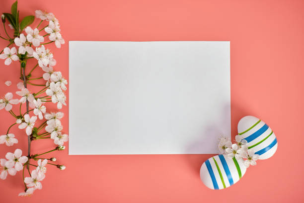 istock A clean white leaf, a cherry branch and Easter eggs with blue stripes on a pink background. Top view, copy space. Easter background. 1480127087