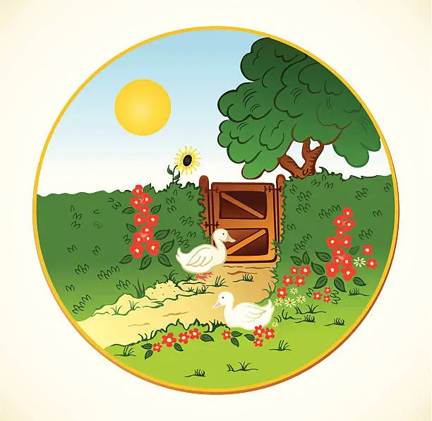 Vector illustration of Rural fence, flowers and farm geese . Vector background