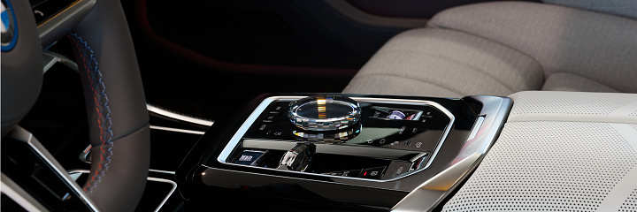 The center console of the new BMW 7 Series. The cockpit is finished in Swarovski crystals. Poland, Katowice, 14.05.2022