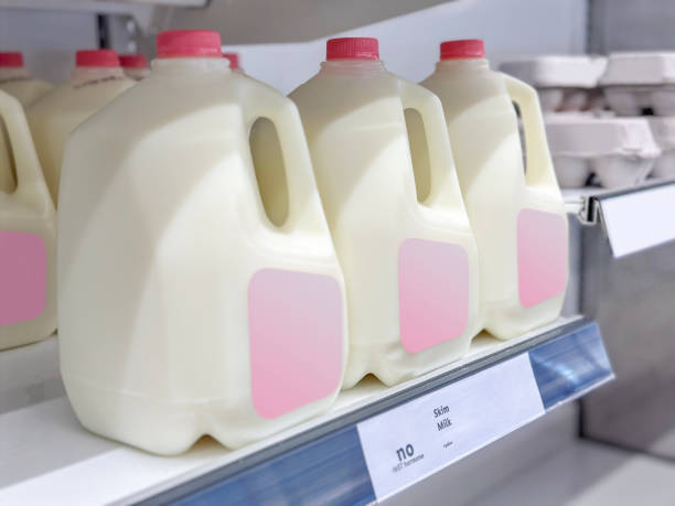 istock Milk bottles on a market display 1480132036