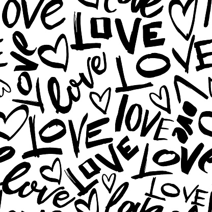 Seamless pattern with  words love and hearts. Ink illustration, dry brush rough edges. Handwritten lettering vector. Typographic style ornament for  greeting card, wrapping paper