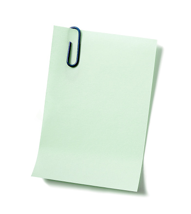Blank note with a paper clip, isolated on a white background. You can add your message inside.