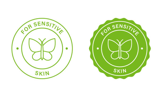 ilustrações, clipart, desenhos animados e ícones de conjunto de selos de dermatologia para pele sensível. rótulo verde cosmético para pele sensível. adesivo de rótulo de ingrediente para pele sensível. ilustração vetorial isolada - sensibility