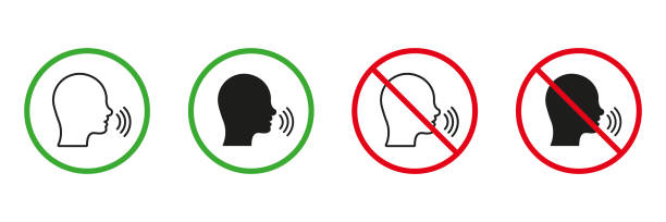 ilustrações de stock, clip art, desenhos animados e ícones de man talk red and green warning signs. please keep silence line and silhouette icons set. allowed and prohibited speak zone, loud and noise area pictogram. isolated vector illustration - keep quiet