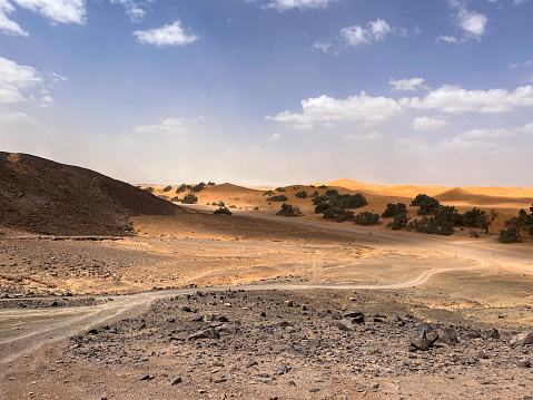 Merzouga, Erg Chebbi dunes, Morocco, Africa: panoramic road in the Sahara desert in the Black Mountain area, with view of the black stones, fossils and sand dunes, 4x4 trip, blue sky and white clouds