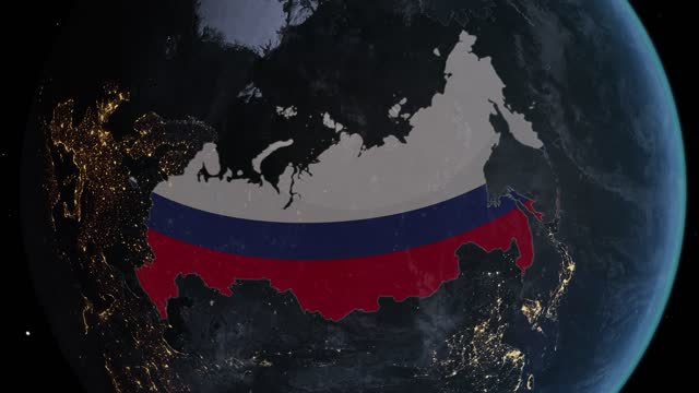 Dark map highlighted in Russian flag, zooming in from the space through a 4K photo real animated globe, with a panoramic view consisting of Asia, Africa and Europe. Epic spinning world animation, Realistic earth, highlight, satellite, aerial, Russia