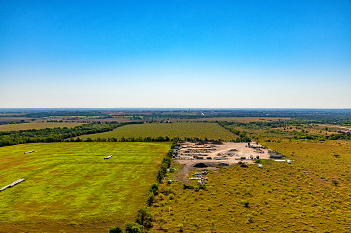 Aerial view of farmland and the rural area only about 20 miles north of Austin near the town of Pflugerville, Texas.