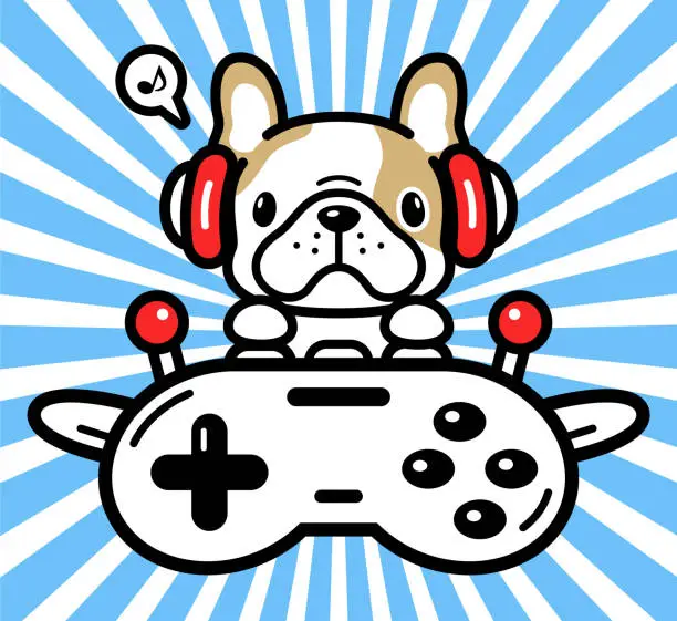 Vector illustration of Cute character design of a French bulldog wearing headphones and flying a plane made out of a game controller
