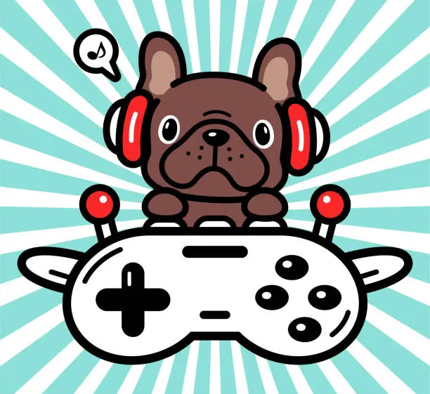 Vector illustration of Cute character design of a French bulldog wearing headphones and flying a plane made out of a game controller