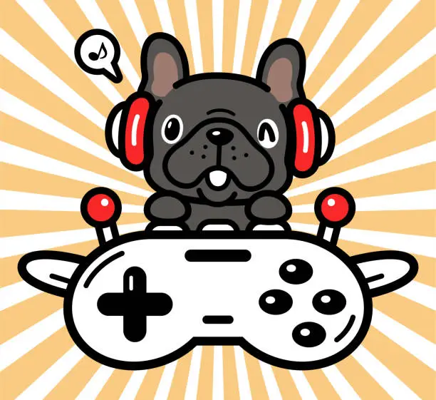 Vector illustration of Cute character design of a French bulldog wearing headphones and flying a plane made out of a game controller