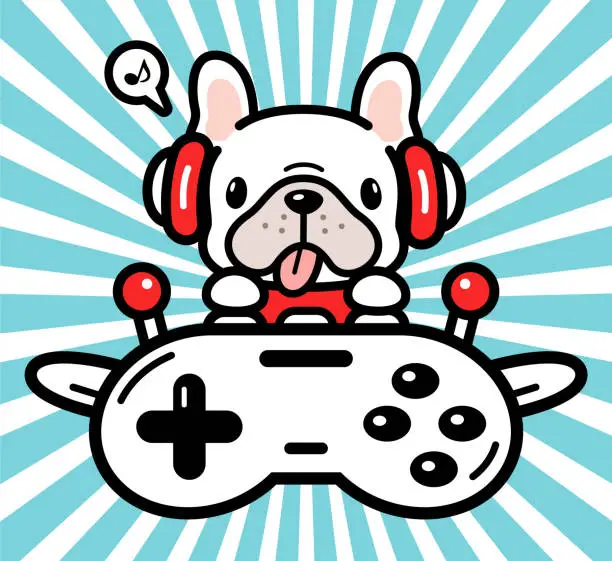 Vector illustration of Cute character design of a French bulldog wearing headphones and flying a plane made out of a game controller