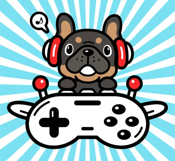 Vector illustration of Cute character design of a French bulldog wearing headphones and flying a plane made out of a game controller