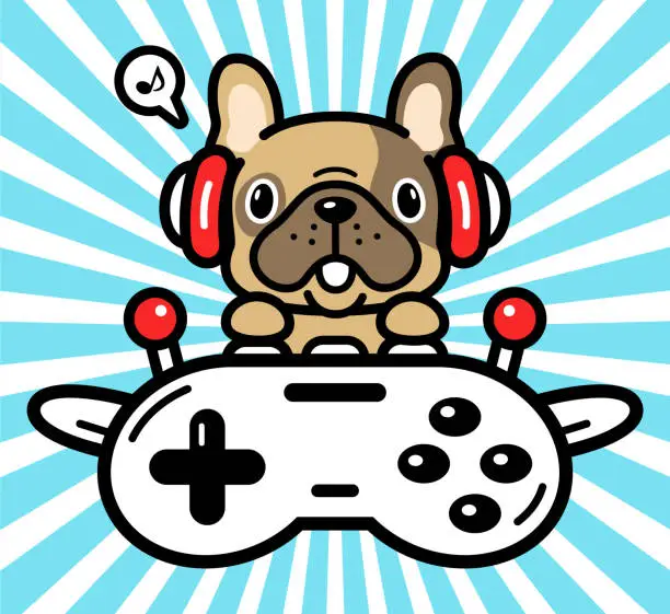 Vector illustration of Cute character design of a French bulldog wearing headphones and flying a plane made out of a game controller