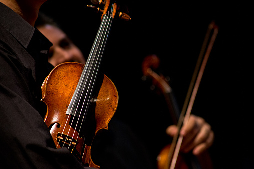 detail of violin being held by musician