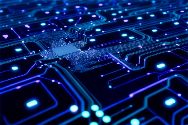 Abstract computer chip images, big data, and technological concepts stock photo