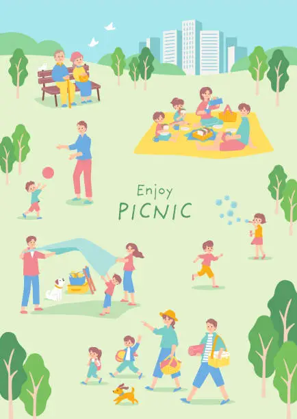 Vector illustration of Illustration of a landscape with people enjoying a picnic