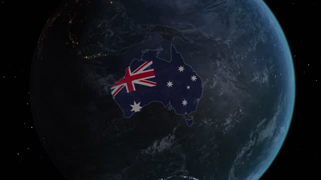Dark map highlighted in Australia flag, zooming in from the space through a 4K photo real animated globe, with a panoramic view consisting of Asia. Epic spinning world animation, Realistic earth, highlight, satellite, aerial