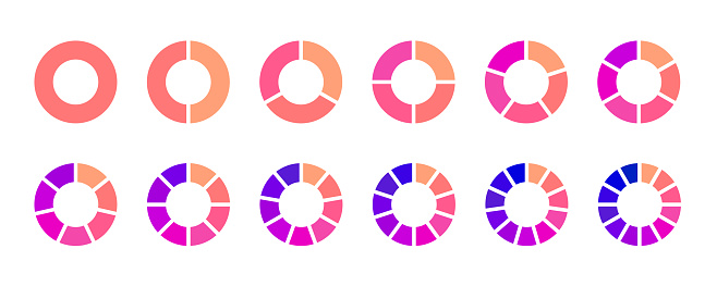 Donut chart segments collection. Pink orange purple shades wheel diagrams set. Ring sections and slices pack. From 1 to 12 sectors of infographic charts. Different phases and stages of cycle. Vector