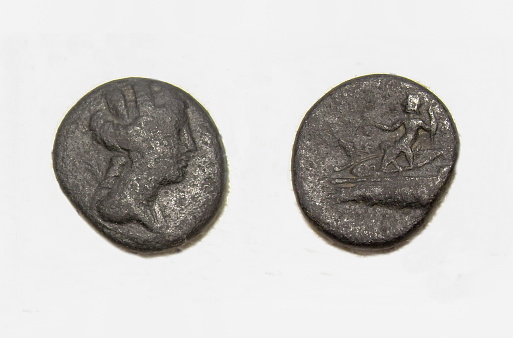 Antique ancient Greco-Roman coins from Syria, shows Goddess Taiki, Goddess of Wealth, and Gods Poseidon, God of sea.