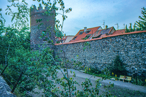 1989 old Positive Film scanned,the street view, Fortress tower and wall, Ravensburg, Germany.