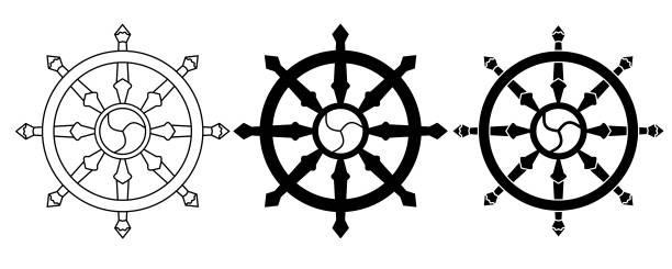 dharmachakra Symbol outline silhouette dharmachakra Symbol set isolated on white background dharma chakra stock illustrations