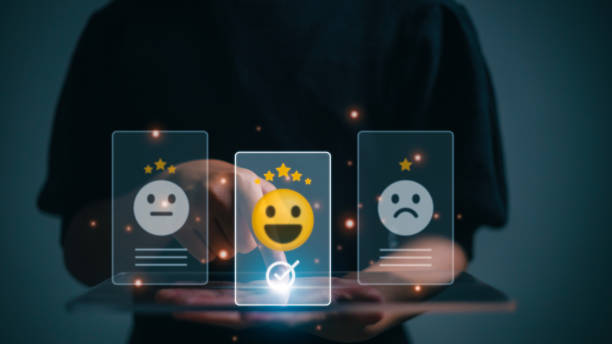 istock Customers show satisfaction through the application on the tablet screen. By giving the most satisfaction rating 5 stars. Customer service satisfaction survey concept. 1480175433