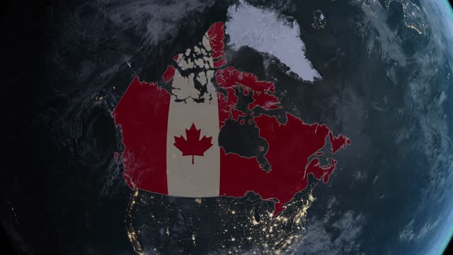 Dark map highlighted in Canada flag, zooming in from the space through a 4K photo real animated globe, with a panoramic view consisting of Asia, Africa and Europe. Epic spinning world animation, Realistic earth, highlight, satellite, aerial