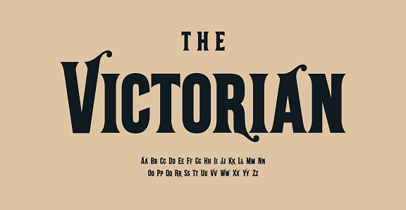 Victorian style alphabet, fancy serif letters, antique font for old fashioned logo, headline, monogram, vintage typography. Vector typographic design.