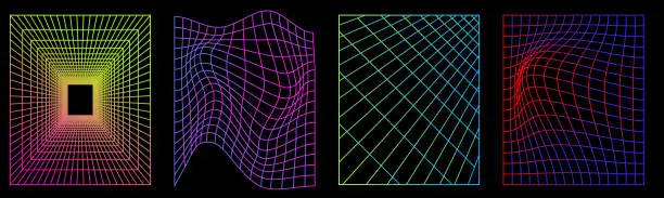 Vector illustration of Set of distorted neon grid pattern
