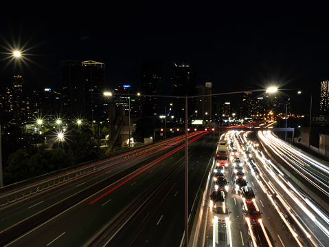 Light trails at night on Melbourne city roads