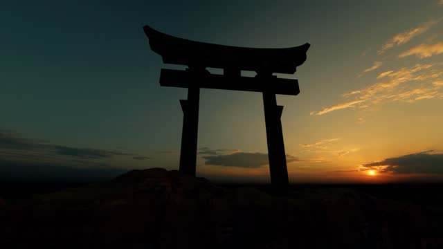 Shinto symbol at peace sunset sky