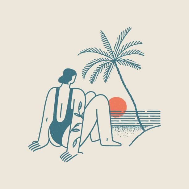 istock Girl sitting on the beach vintage t shirt design template. 1480181037