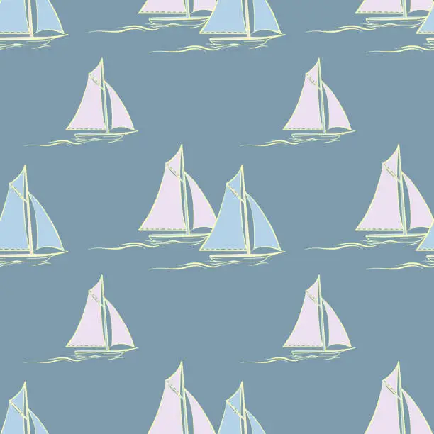 Vector illustration of Sailboat and wave. Seamless pattern with cartoon boats. Vector texture.