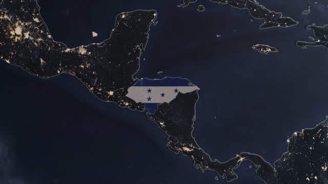 Dark map highlighted in Honduras flag, zooming in from the space through a 4K photo real animated globe, with a panoramic view consisting of Asia, Africa and Europe. Epic spinning world animation, Realistic earth, highlight, satellite, aerial