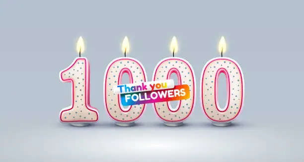 Vector illustration of 1000 followers of online users, congratulatory candles in the form of numbers. Vector