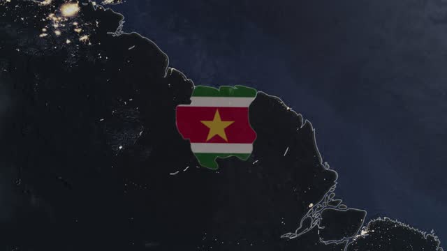 Dark map highlighted in Suriname flag, zooming in from the space through a 4K photo real animated globe, with a panoramic view consisting of Asia, Africa and Europe. Epic spinning world animation, Realistic earth, highlight, satellite, aerial
