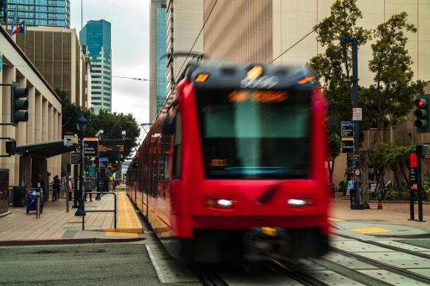 istock Blurred Train Leaving Trolley Stop in Downtown San Diego 1480186872