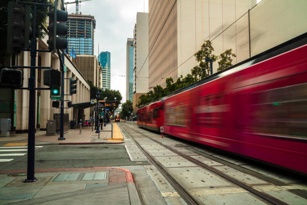 The San Diego Trolley in downtown on an overcast afternoon.