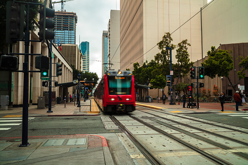 The San Diego Trolley in downtown on an overcast afternoon.