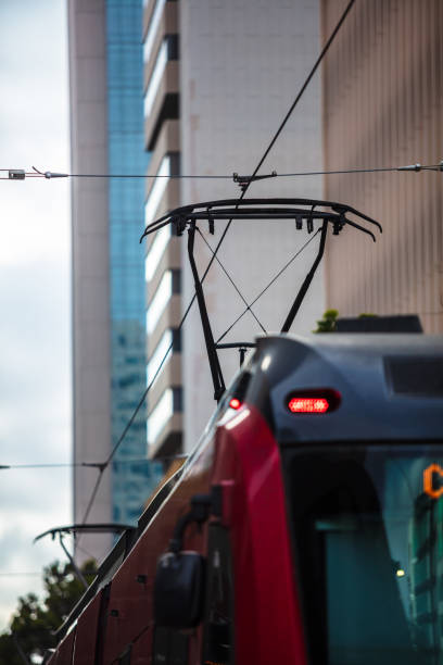 The San Diego Trolley in downtown on an overcast afternoon.