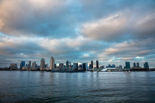 View of San Diego skyline from across San Diego Bay on a cloudy evening.