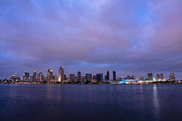 View of San Diego skyline from across San Diego Bay on a cloudy evening.