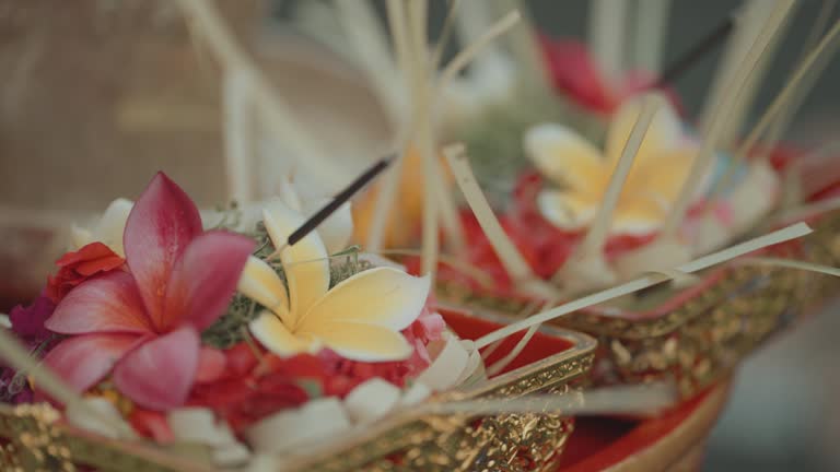 Canang Sari, Insence, Flowers, Gebongan a symbol of Offerings Hindu Balinese Ritual Prayer in Bali Indonesia Culture Religion