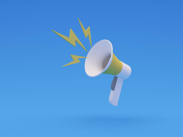 istock white megaphone floating on air with shadow and yellow rays on blue background. Concept Megaphone for graphic composition. 3D rendering illustration 1480191356