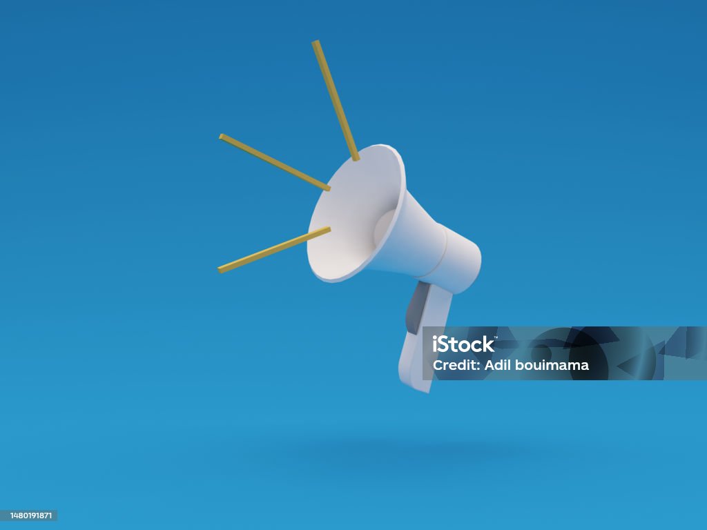 white megaphone floating on air with shadow and yellow sound sign on blue background. Concept Megaphone for graphic composition. 3D rendering illustration Megaphone Stock Photo