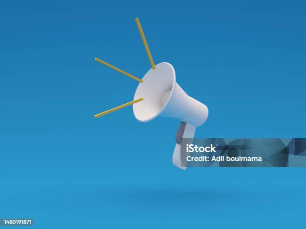 White Megaphone Floating On Air With Shadow And Yellow Sound Sign On Blue Background Concept Megaphone For Graphic Composition 3d Rendering Illustration Stock Photo - Download Image Now
