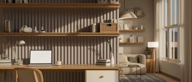 istock Minimal Scandinavian home workspace interior design with laptop on a minimal wood table 1480192165