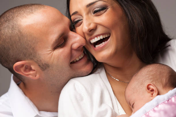 istock Smiling and laughing new parents with baby 148019380