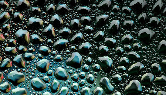 Beautiful water drops after rain on green leaf in sunlight, macro. Many droplets of morning dew outdoor, beautiful round bokeh, selective focus. Amazing artistic image of purity and fresh of nature.