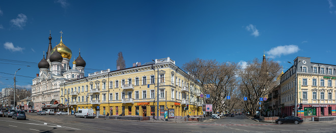 Odessa, Ukraine 31.03.2023. Historic building and Monastery on the Panteleimonovskaya street in Odessa, Ukraine, on a sunny spring day